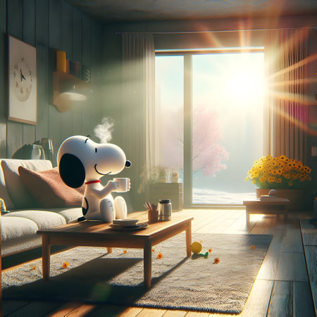 Snoopy having a coffee in his living room in the morning.の素材