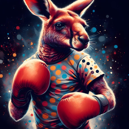 Kangaroo with polka-dots t shirt and with boxing gloves.の素材
