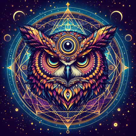 Owl with a hex crest with an eye on the center if itâs forehead.の素材