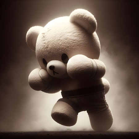 An adorable fluffy boxing bear with a detailed silhouette ,drawn with white chalk on a black background.の素材