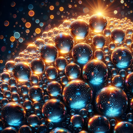 LED sphere with blue glass thread and multi-colored rainbow dew drops.の素材