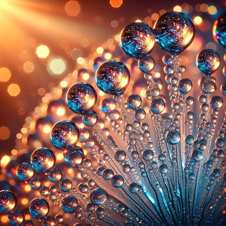 LED sphere with blue glass thread and multi-colored rainbow dew drops.の素材