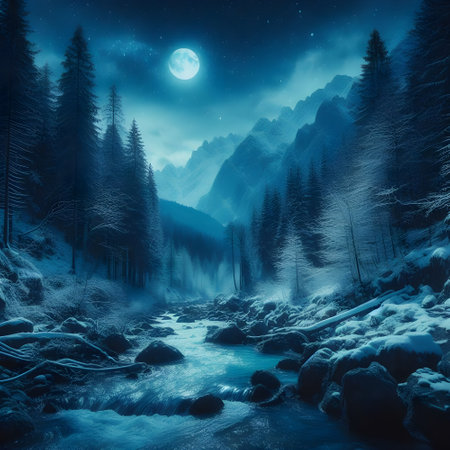 River in forest at night only moon is shinning and making blue light at scene.の素材