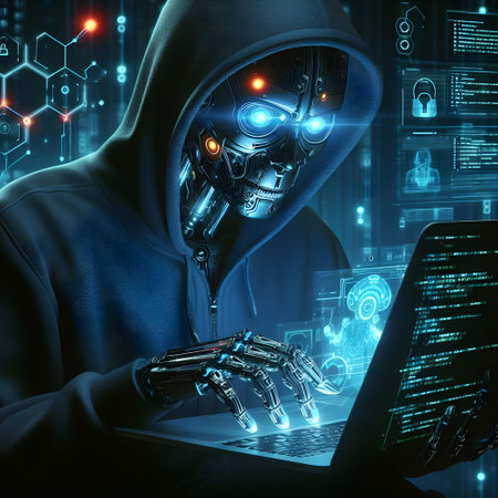 Cyborg using laptop computer to steal information. 3D rendering.の素材