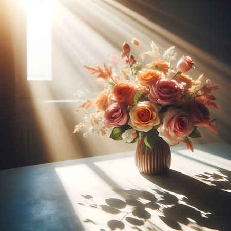 Bouquet of roses in vase on window sill with sunlight.