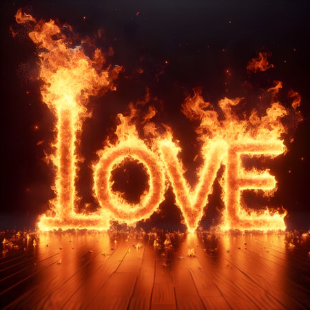Three-dimensional words love with fire burning upwards.の素材