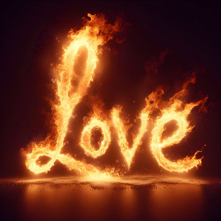 Three-dimensional words love with fire burning upwards.の素材