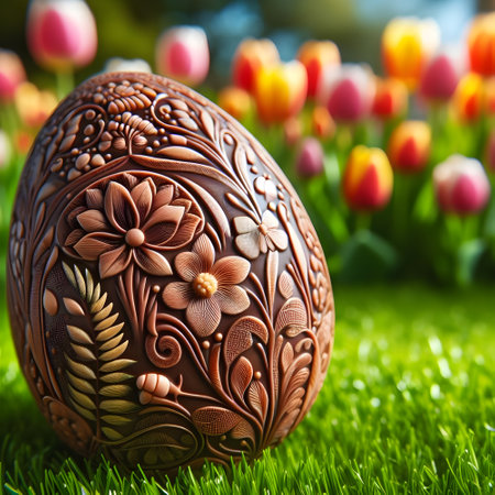 Easter egg on green grass with tulips in the background.の素材
