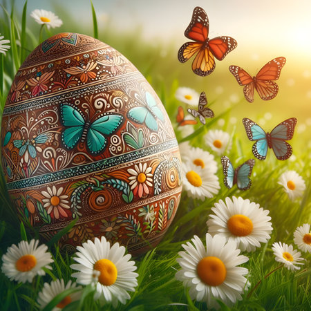 Easter egg with butterflies on green grass. Happy Easter concept.の素材