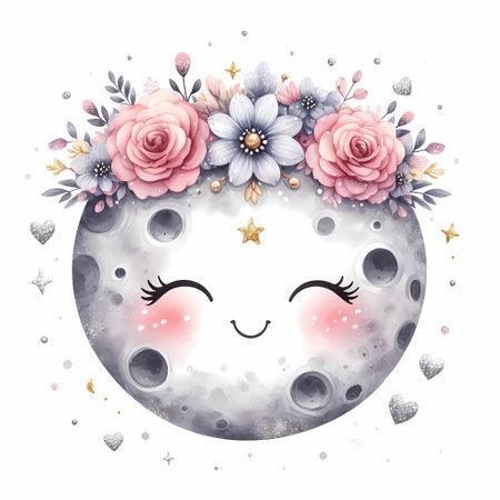 Round moon with smiley face cute flower wreath.の素材