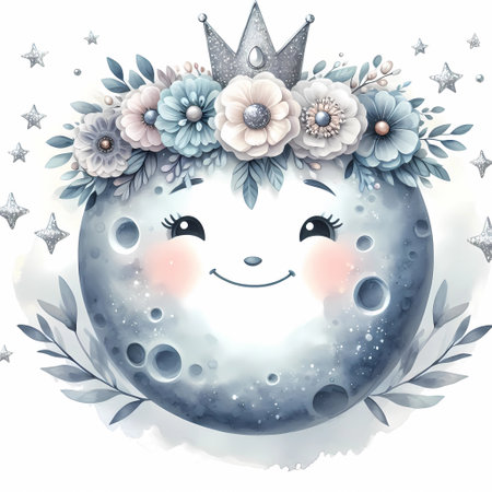 Round moon with smiley face cute flower wreath.の素材
