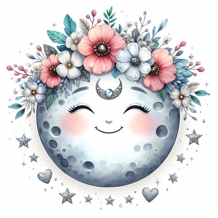 Round moon with smiley face cute flower wreath.の素材