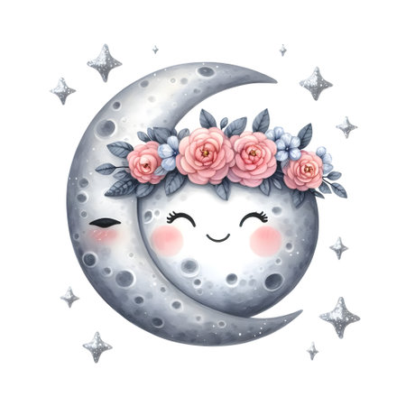 Round moon with smiley face cute flower wreath.の素材
