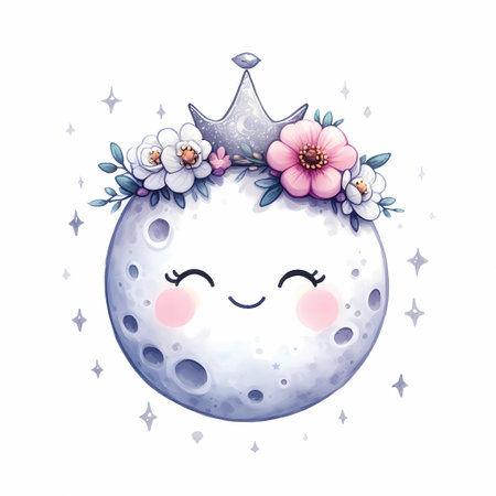 Round moon with smiley face cute flower wreath.の素材