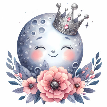 Round moon with smiley face cute flower wreath.の素材