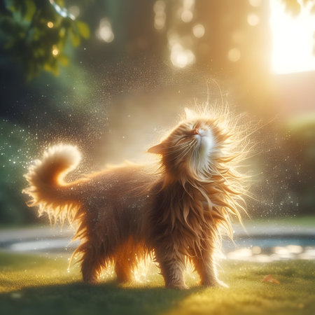 A playful Ginger cat shaking off water droplets in a park.の素材