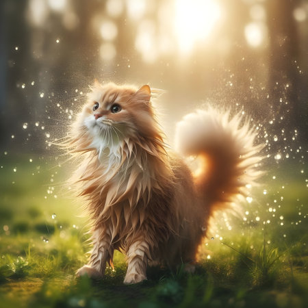 A playful Ginger cat shaking off water droplets in a park.の素材