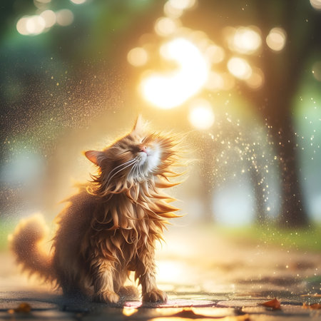 A playful Ginger cat shaking off water droplets in a park.の素材