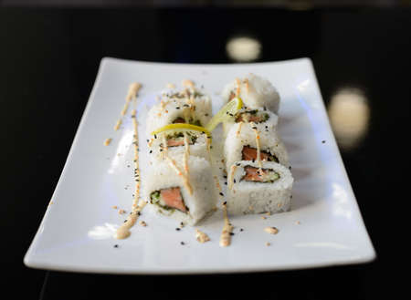Sushi rolls on white dish.の写真素材