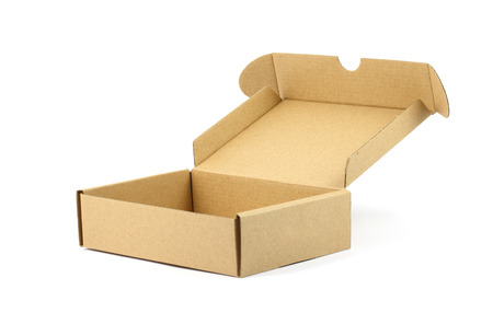 close up opened brown box with white background
