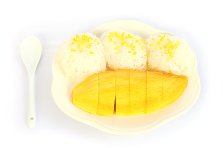 mango with sticky rice on white backgroundの写真素材