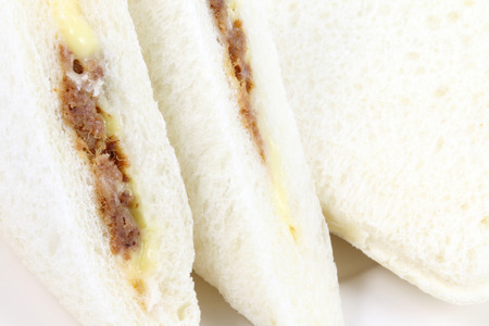 close up three  sandwich on white dishの写真素材