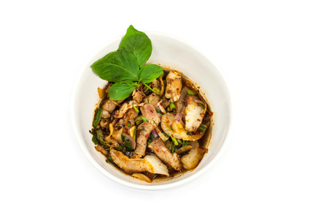 top side Grilled Pork in North Eastern Thai Style Spicy Salad on white backgroundの写真素材