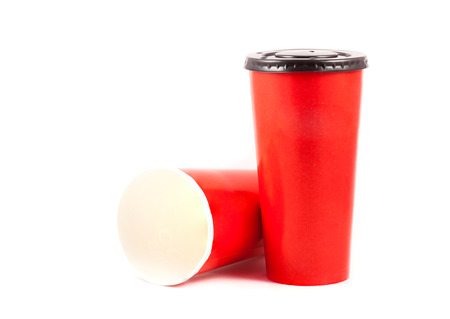 close up red paper cup on white backgroundの写真素材