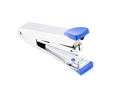 close up blue stapler on white backgroundの写真素材
