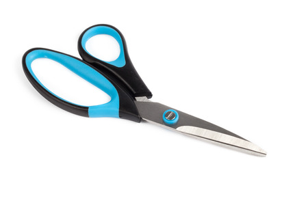 close up blue scissors on white backgroundの写真素材