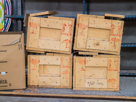 Photo Storage. Cardboard boxes on pallet., In warehouse.の写真素材