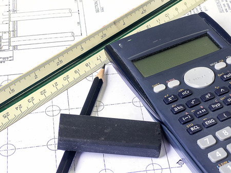 Construction Concept. Blueprint, Tape and ruler Calculator.