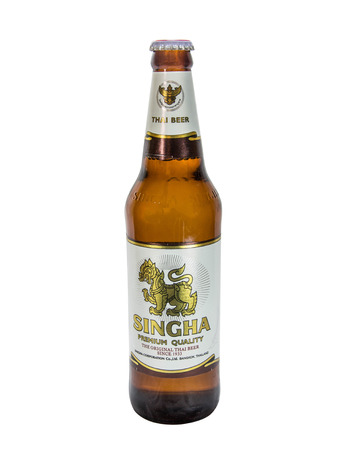 BANGKOK THAILAND- DECEMBER 7: bottle beer singha on white background. Created by singha corporation company.  DECEMBER 7, 2014 at Studio in Bangkok,Thailand.のeditorial素材