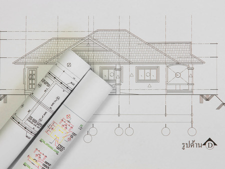 Architectural blueprint of office building with a pencilsの写真素材
