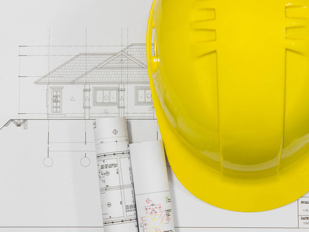 Architectural blueprint of office building with a pencils