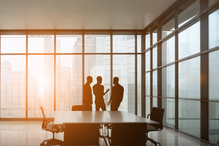 Silhouettes of business people standing in conference room with panoramic window and city view. Teamwork conceptの写真素材