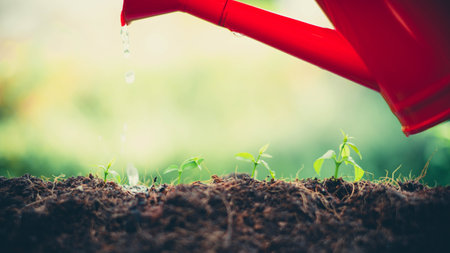Watering seedlings in the ground. Selective focus. nature.の写真素材