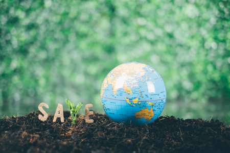 Globe and plant on soil with bokeh background, save earth conceptの写真素材