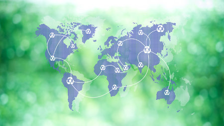 Background image with world map and connection lines on green bokehの写真素材