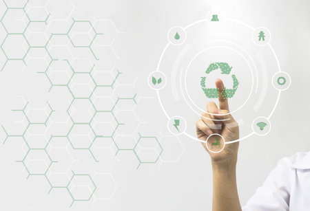 Fingers touch with Connecting dots lines shape Recycle environment Icons for industrial and environment over blurred white background. environment concept.Ecology conceptの写真素材