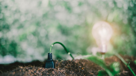 Natural energy power plug, Energy from nature friendly to the environment and the world for renewable, sustainable development over blurred green nature background. environment and Ecology conceptの写真素材