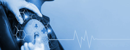 Digital composite of Doctor and patient touching medical interface with blue background.