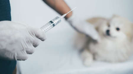 The vet injected the syringe to treat sick animals.Vaccination concept. Healthcare, hospital and medical diagnostics.の写真素材