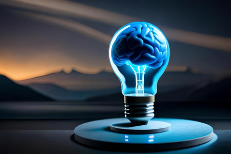 Light bulb with human brain inside on blue background. 3D renderingの素材