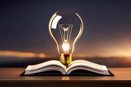 Glowing light bulb on open book over sunset background. Business and education conceptの素材