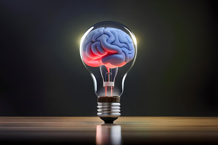 Human brain inside a light bulb on a dark background. 3D illustration.の素材