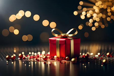 Gift box on bokeh background. Christmas and New Year concept.の素材
