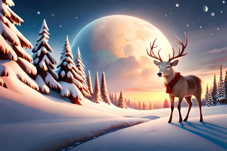 Fantasy winter landscape with deer and full moon. Vector illustration.の素材