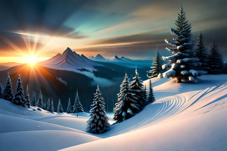 Majestic sunset in the winter mountains landscape. Dramatic sky.の素材