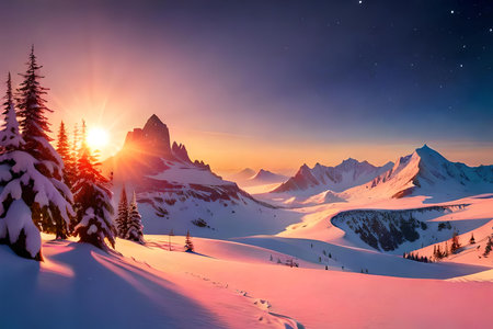 Beautiful winter landscape in the mountains. Sunrise over the mountains.の素材